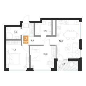 2-к квартира, строящийся дом, 58м2, 12/16 этаж