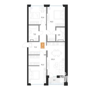 3-к квартира, вторичка, 85м2, 6/16 этаж