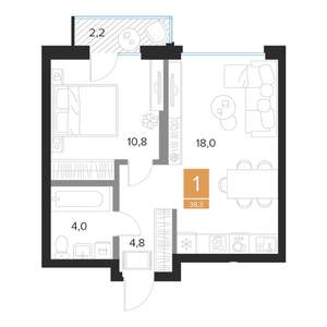 1-к квартира, вторичка, 38м2, 4/16 этаж