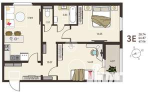 2-к квартира, вторичка, 67м2, 5/18 этаж