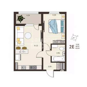 1-к квартира, вторичка, 40м2, 2/18 этаж
