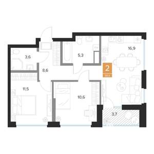 2-к квартира, вторичка, 58м2, 9/16 этаж