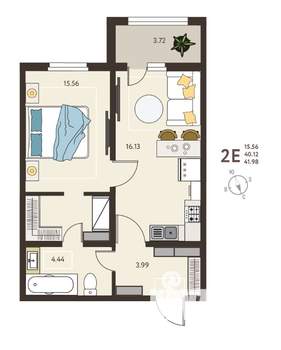 1-к квартира, строящийся дом, 42м2, 3/18 этаж