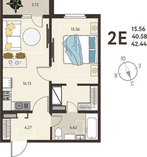 1-к квартира, вторичка, 42м2, 3/18 этаж
