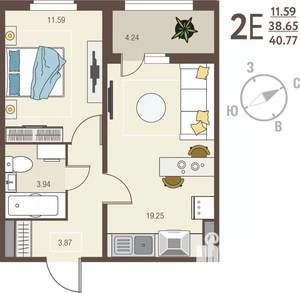 1-к квартира, вторичка, 41м2, 4/17 этаж