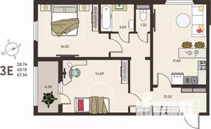 2-к квартира, вторичка, 67м2, 3/18 этаж