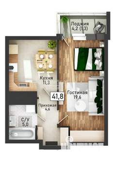 1-к квартира, вторичка, 42м2, 5/21 этаж