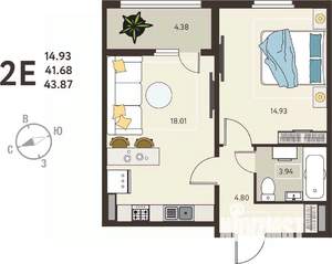 1-к квартира, вторичка, 44м2, 5/18 этаж