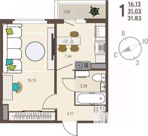 1-к квартира, вторичка, 32м2, 4/17 этаж