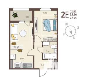 1-к квартира, вторичка, 37м2, 7/17 этаж