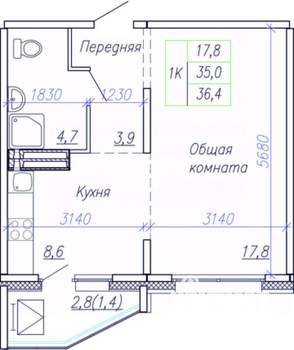 1-к квартира, вторичка, 37м2, 2/17 этаж