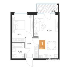 1-к квартира, вторичка, 42м2, 9/9 этаж