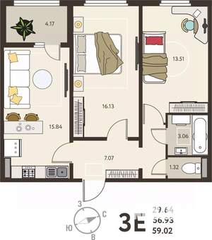 2-к квартира, вторичка, 59м2, 3/18 этаж