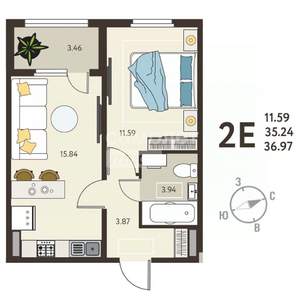 1-к квартира, вторичка, 37м2, 2/18 этаж