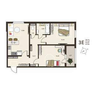 2-к квартира, вторичка, 67м2, 14/18 этаж