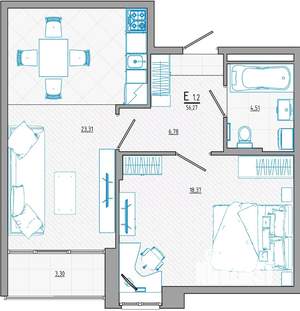 2-к квартира, строящийся дом, 57м2, 4/8 этаж