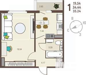 1-к квартира, вторичка, 35м2, 15/17 этаж