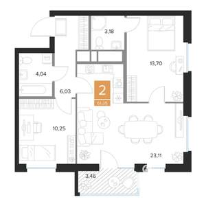 2-к квартира, строящийся дом, 61м2, 6/9 этаж