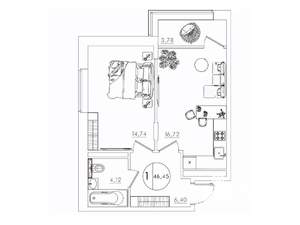 1-к квартира, вторичка, 46м2, 9/10 этаж