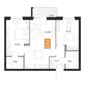 2-к квартира, строящийся дом, 59м2, 7/9 этаж