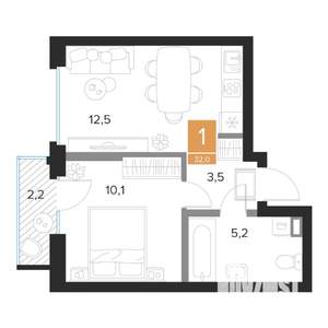 1-к квартира, вторичка, 32м2, 5/16 этаж