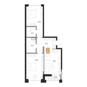 2-к квартира, строящийся дом, 65м2, 2/16 этаж