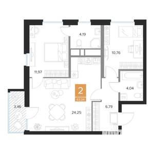 2-к квартира, строящийся дом, 63м2, 6/9 этаж