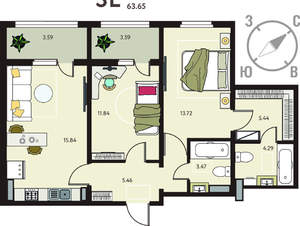 2-к квартира, вторичка, 64м2, 8/18 этаж