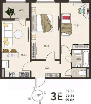 2-к квартира, вторичка, 59м2, 9/18 этаж