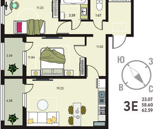2-к квартира, вторичка, 63м2, 16/18 этаж