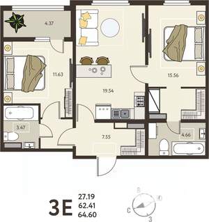 2-к квартира, вторичка, 65м2, 5/18 этаж