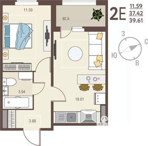 1-к квартира, вторичка, 40м2, 1/17 этаж