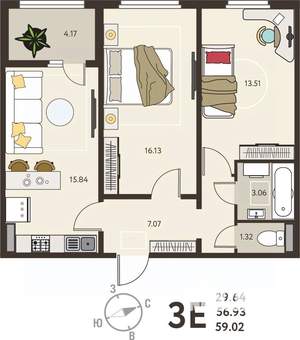 2-к квартира, вторичка, 59м2, 5/18 этаж