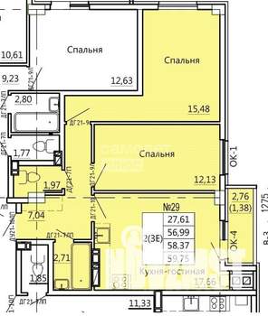 3-к квартира, строящийся дом, 60м2, 4/11 этаж