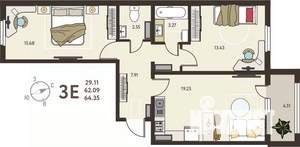 2-к квартира, вторичка, 64м2, 13/18 этаж