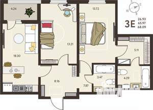 2-к квартира, вторичка, 68м2, 13/18 этаж