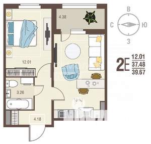 1-к квартира, вторичка, 40м2, 14/17 этаж