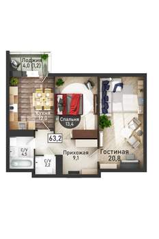 2-к квартира, вторичка, 63м2, 9/21 этаж