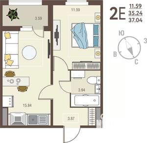 1-к квартира, вторичка, 37м2, 4/17 этаж