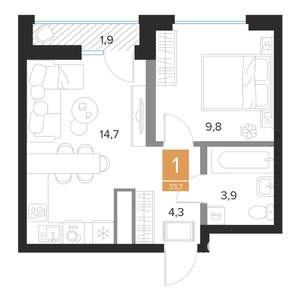 1-к квартира, строящийся дом, 34м2, 14/16 этаж
