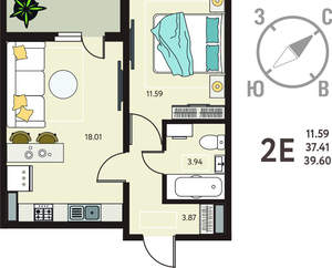 1-к квартира, вторичка, 40м2, 16/18 этаж