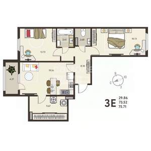 2-к квартира, вторичка, 76м2, 13/18 этаж