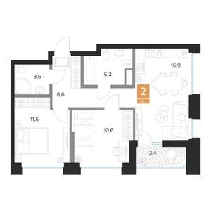 2-к квартира, строящийся дом, 58м2, 8/16 этаж