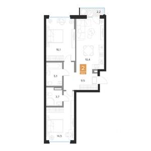 2-к квартира, вторичка, 69м2, 6/16 этаж