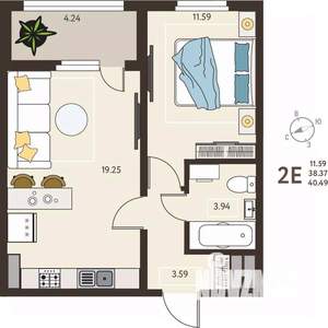 1-к квартира, вторичка, 40м2, 13/18 этаж