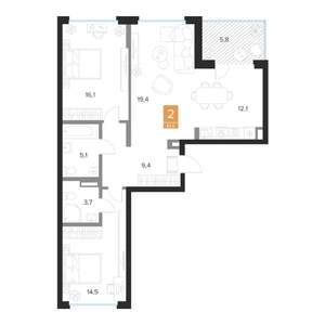 2-к квартира, вторичка, 82м2, 8/16 этаж