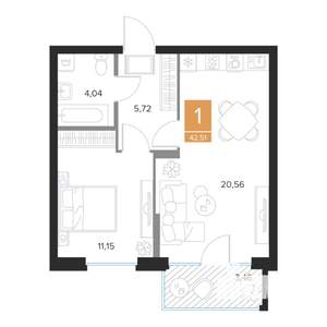1-к квартира, строящийся дом, 43м2, 4/9 этаж