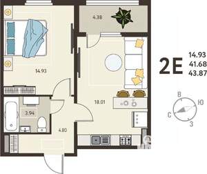 1-к квартира, вторичка, 44м2, 18/18 этаж