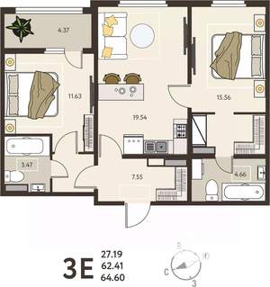 2-к квартира, вторичка, 65м2, 14/18 этаж
