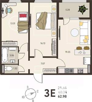 2-к квартира, вторичка, 63м2, 6/18 этаж